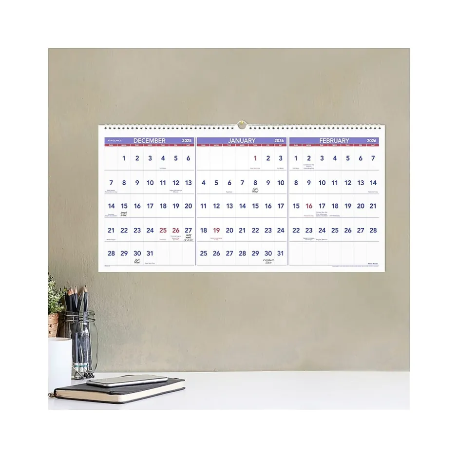 AT-A-GLANCE 2024 -2026 27" x 12" Three-Month Wall Calendar, White/Purple (PM14-28-25) Sale