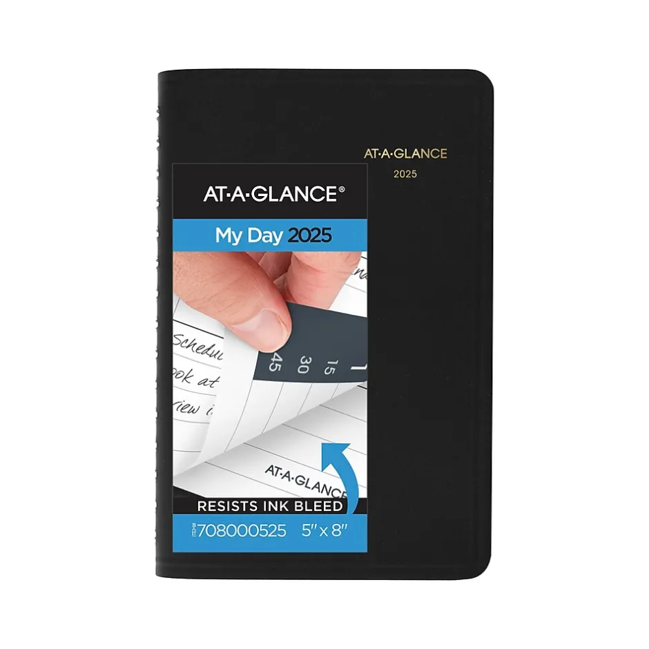 AT-A-GLANCE 2025 5" x 8" Daily Appointment Book Planner, Faux Leather Cover, Black (70-800-05-25) New