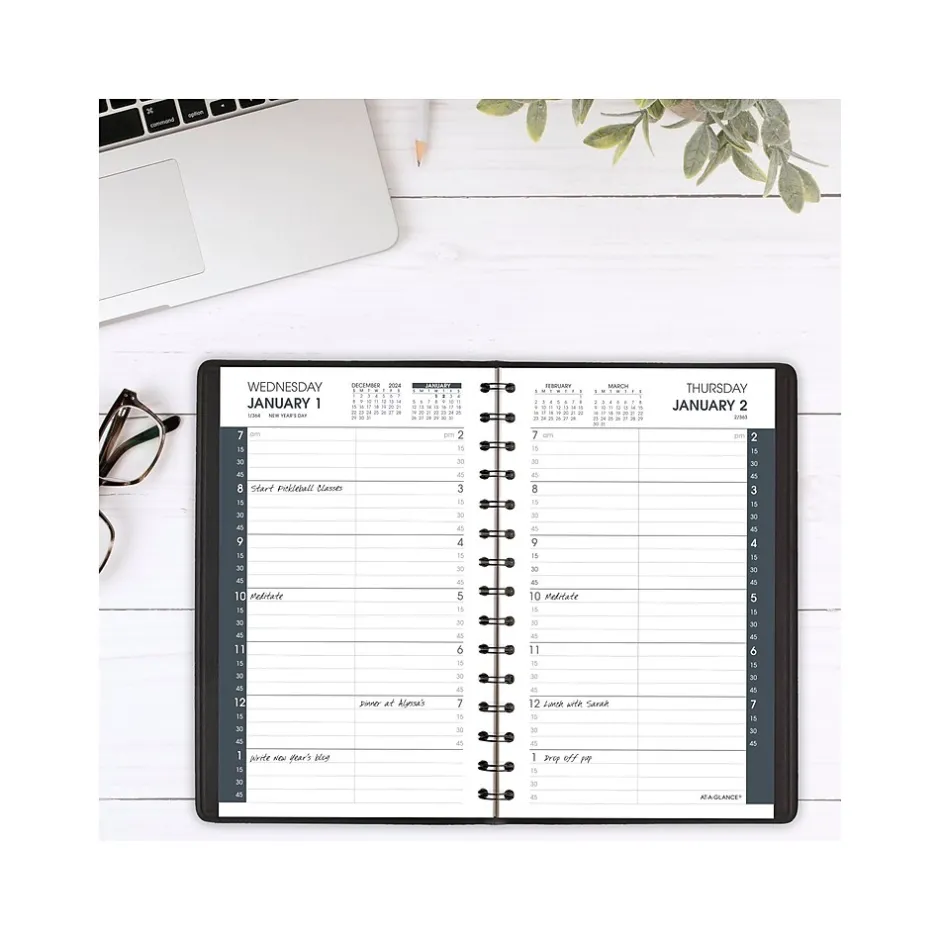 AT-A-GLANCE 2025 5" x 8" Daily Appointment Book Planner, Faux Leather Cover, Black (70-800-05-25) New