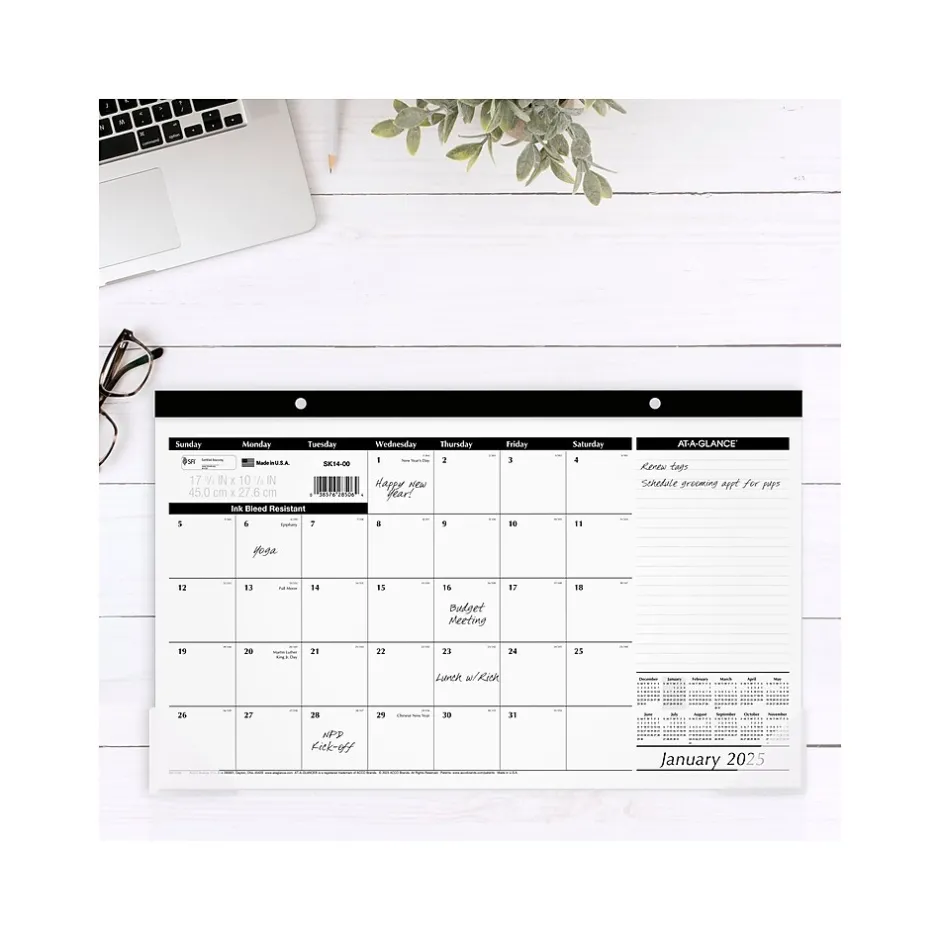 AT-A-GLANCE 2025 17.75" x 11" Monthly Desk Pad Calendar, White/Black (SK14-00-25) Sale