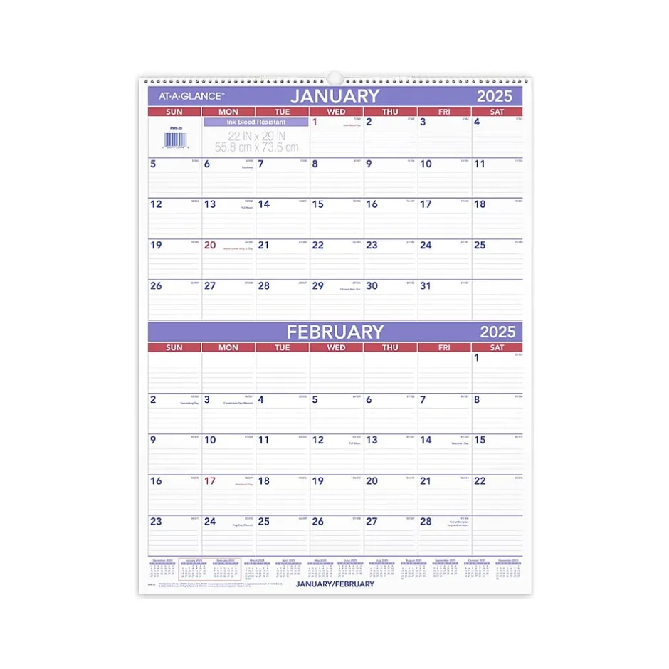 AT-A-GLANCE 2025 22" x 29" Two-Month Wall Calendar, White/Purple (PM9-28-25) New
