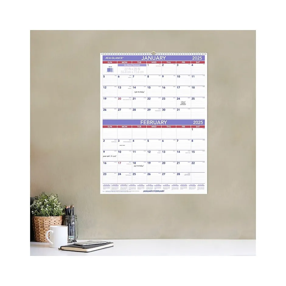 AT-A-GLANCE 2025 22" x 29" Two-Month Wall Calendar, White/Purple (PM9-28-25) New