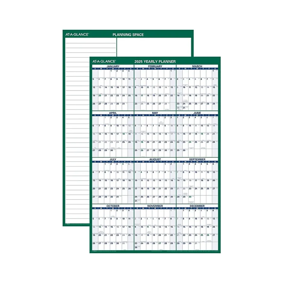 AT-A-GLANCE 2025 32" x 48" Yearly Dry Erase Wall Calendar, Reversible, White/Green (PM310-28-25) New