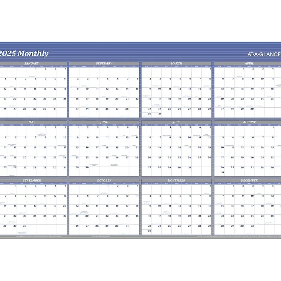 AT-A-GLANCE 2025 48" x 32" Yearly Dry Erase Wall Calendar, Reversible, White/Blue (A1152-25) Outlet