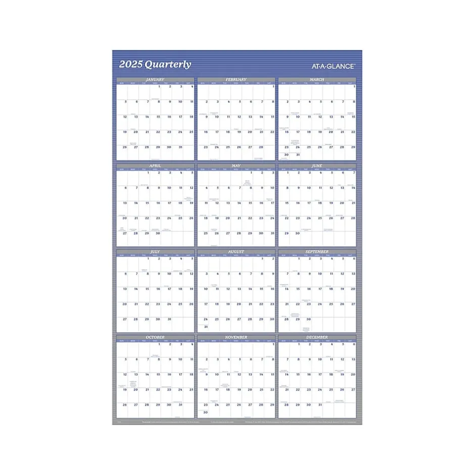 AT-A-GLANCE 2025 48" x 32" Yearly Dry Erase Wall Calendar, Reversible, White/Blue (A1152-25) Outlet