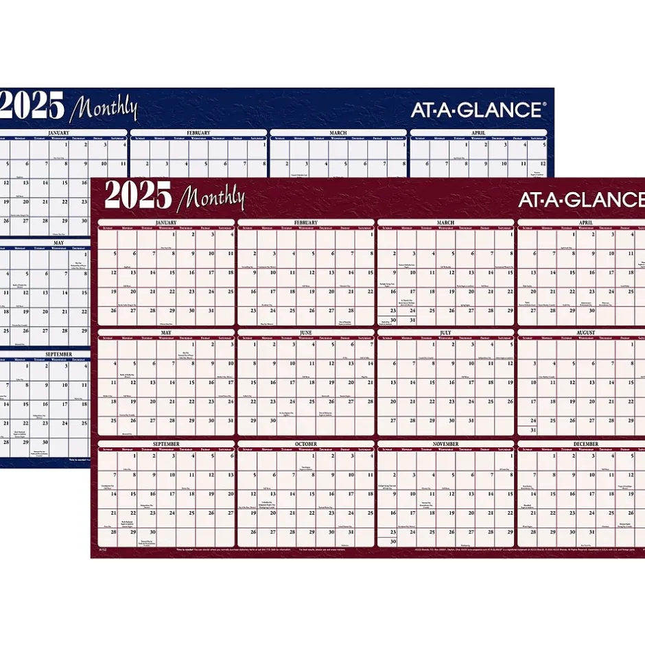 AT-A-GLANCE 2025 48" x 32" Yearly Dry Erase Wall Calendar, Reversible, Red/Blue (A152-25) Best