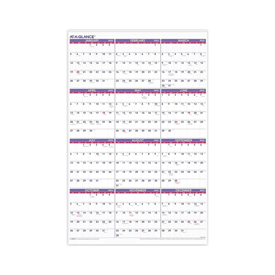 AT-A-GLANCE 2025 24" x 36" Yearly Wall Calendar, White/Purple (PM12-28-25)