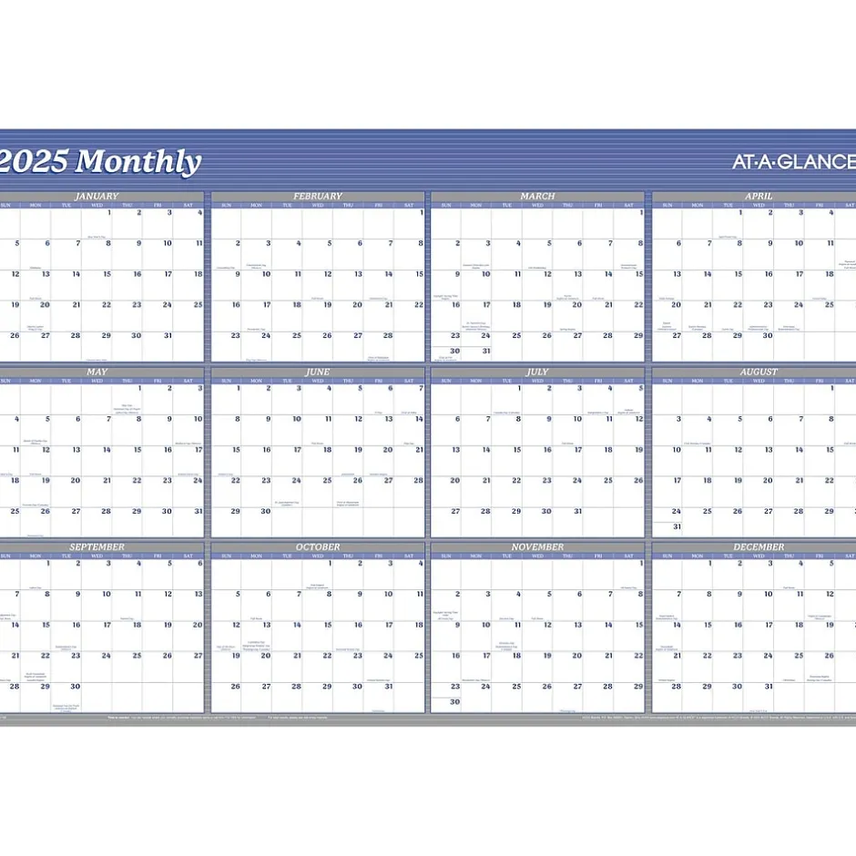 AT-A-GLANCE 2025 36" x 24" Yearly Wet-Erase Wall Calendar, Reversible, White/Blue (A1102-25)