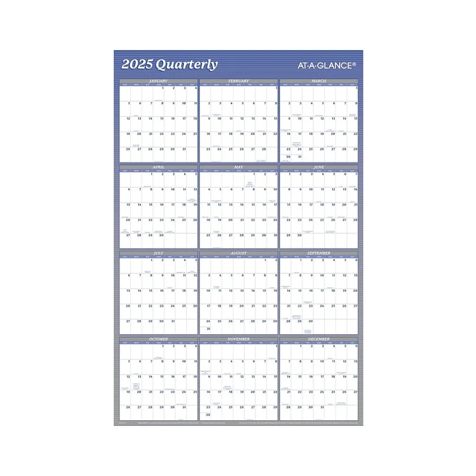 AT-A-GLANCE 2025 36" x 24" Yearly Wet-Erase Wall Calendar, Reversible, White/Blue (A1102-25)