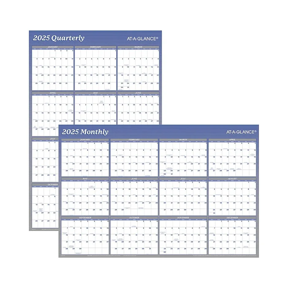 AT-A-GLANCE 2025 36" x 24" Yearly Wet-Erase Wall Calendar, Reversible, White/Blue (A1102-25)