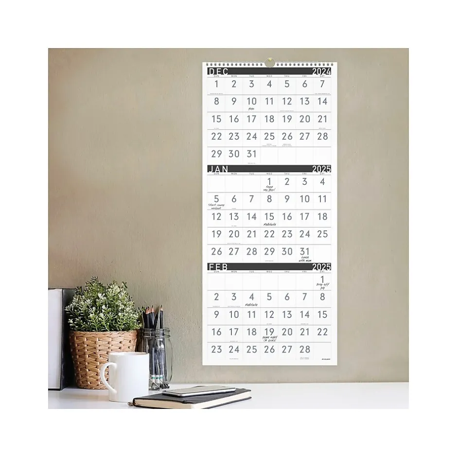 AT-A-GLANCE 2025 Contemporary 12" x 27" Three-Month Wall Calendar, White/Black (PM11X-28-25) New