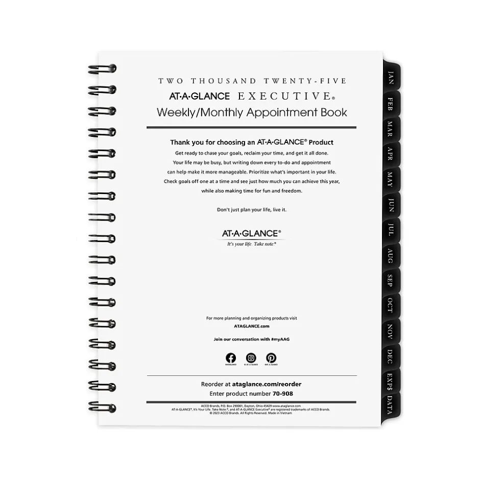 AT-A-GLANCE 2025 Executive 8.75" x 6.5" Weekly & Monthly Appointment Book Refill, White/Black (70-908-10-25) Best