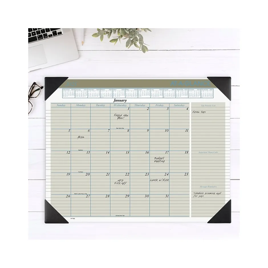 AT-A-GLANCE 2025 Executive 21.75" x 17" Monthly Desk Pad Calendar, Green/White (HT1500-25) New