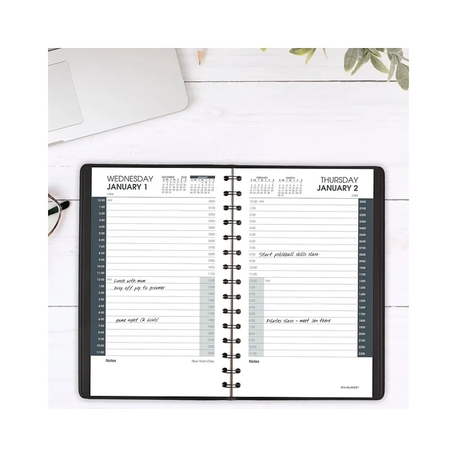 AT-A-GLANCE 2025 24-Hour 5" x 8" Daily Appointment Book Planner, Faux Leather Cover, Black (70-203-05-25) Online