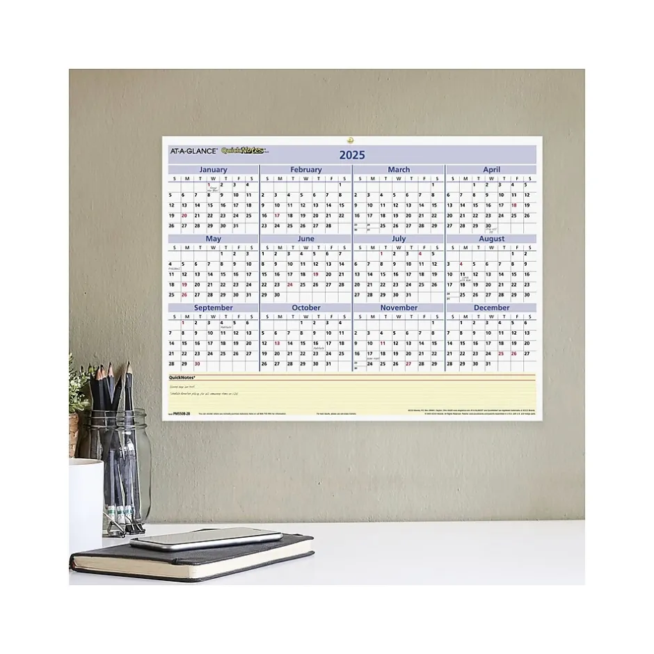 AT-A-GLANCE 2025 QuickNotes 16" x 12" Yearly/Monthly Wet-Erase Wall Calendar, Reversible (PM550B-28-25) Clearance