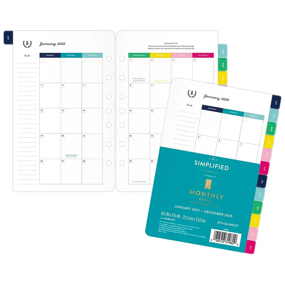 AT-A-GLANCE 2025 Simplified by Emily Ley 8.5" x 5.5" Monthly Planner Refill, Multicolor (EL100-4211-25) Sale