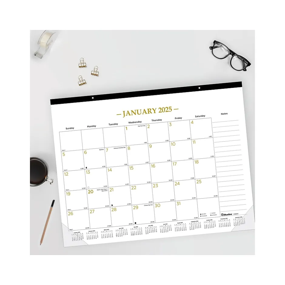 Blueline 2025 Colorful 22" x 17" Monthly Desk Pad Calendar, White/Gold (100024-25) Outlet
