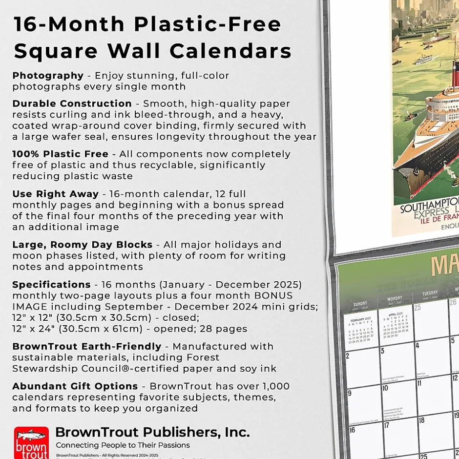BrownTrout 2025 Vintage Travel Posters 12" x 12" Monthly Wall Calendar (9781975475857)