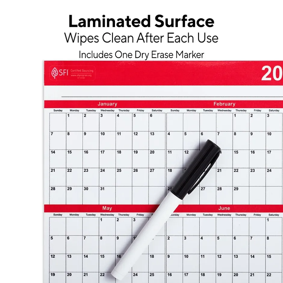 Staples 2025 15.69" x 12" Dry Erase Wall Calendar, Red/White (ST53905-25) Best