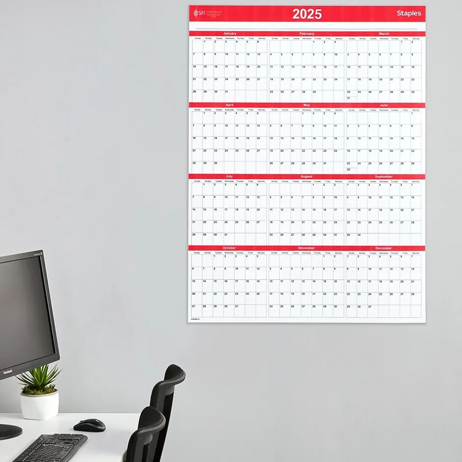 Staples 2025 15.69" x 12" Dry Erase Wall Calendar, Red/White (ST53905-25) Best