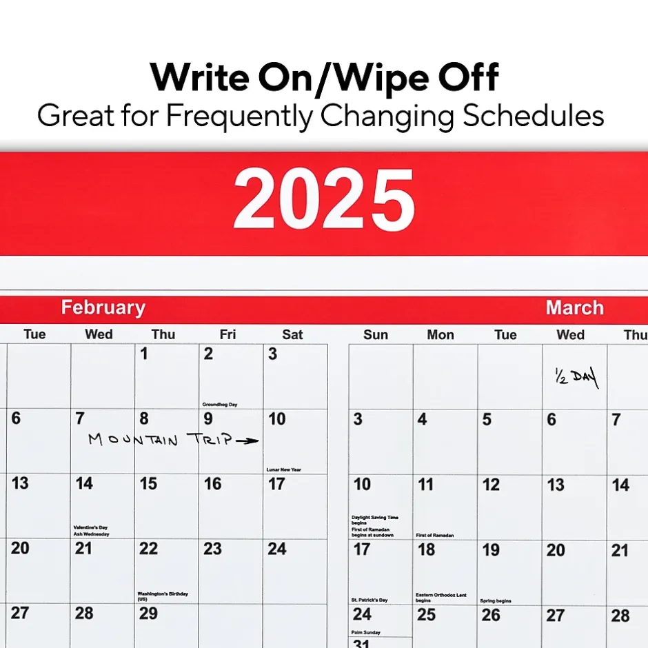 Staples 2025 48" x 32" Dry Erase Wall Calendar, Red/White (ST53911-25) Outlet