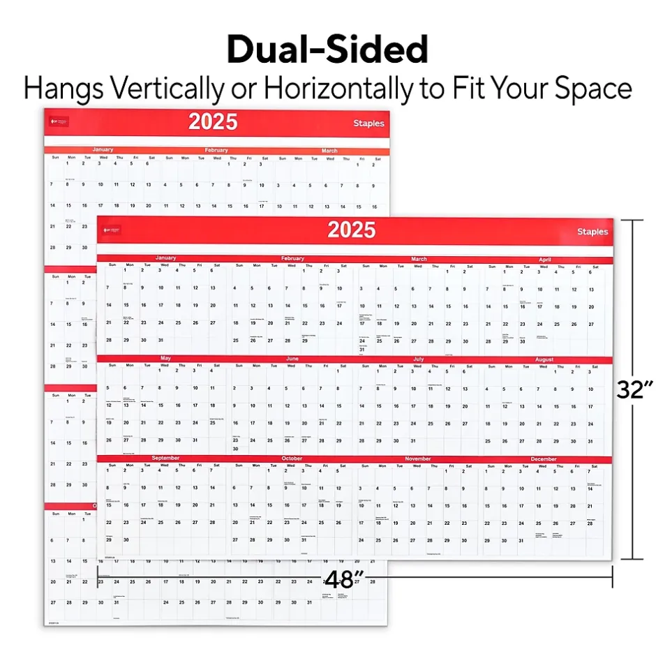 Staples 2025 48" x 32" Dry Erase Wall Calendar, Red/White (ST53911-25) Outlet