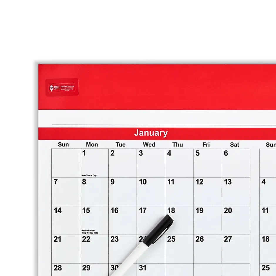 Staples 2025 48" x 32" Dry Erase Wall Calendar, Red/White (ST53911-25) Outlet