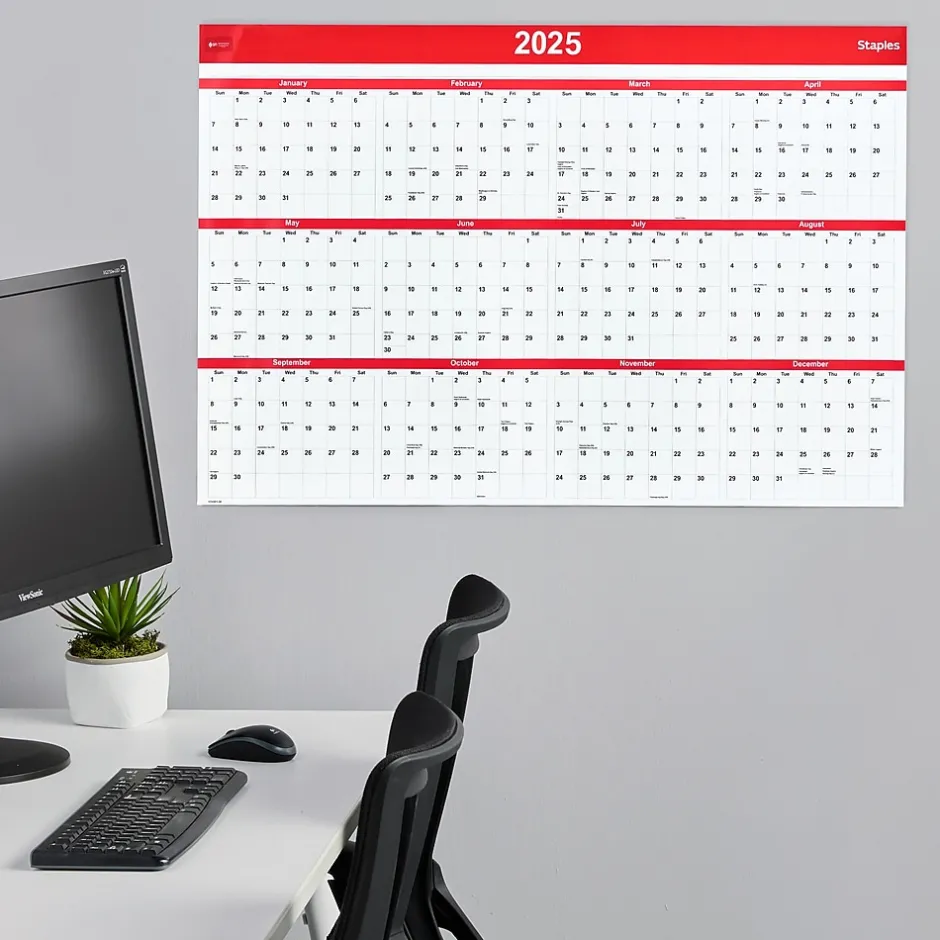 Staples 2025 48" x 32" Dry Erase Wall Calendar, Red/White (ST53911-25) Outlet
