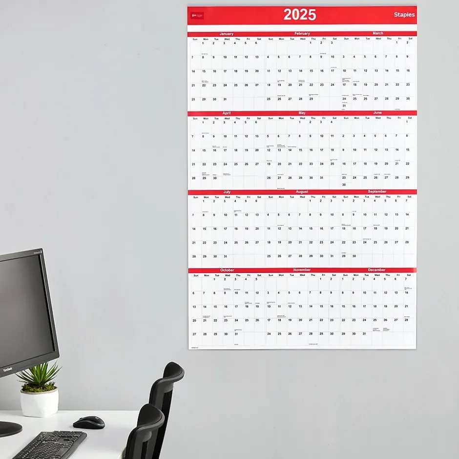 Staples 2025 48" x 32" Dry Erase Wall Calendar, Red/White (ST53911-25) Outlet