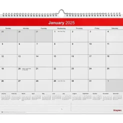 Staples 2025 15" x 12" Wall Calendar, Red/White (ST52080-25) New