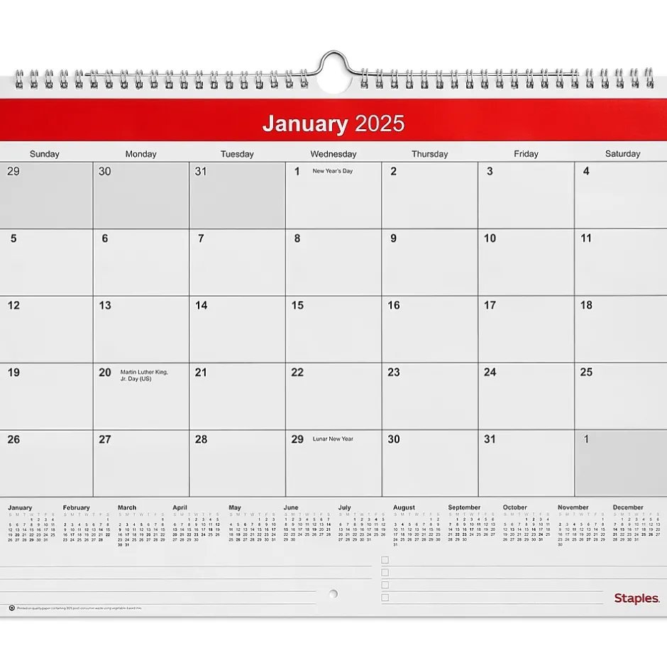 Staples 2025 15" x 12" Wall Calendar, Red/White (ST52080-25) New