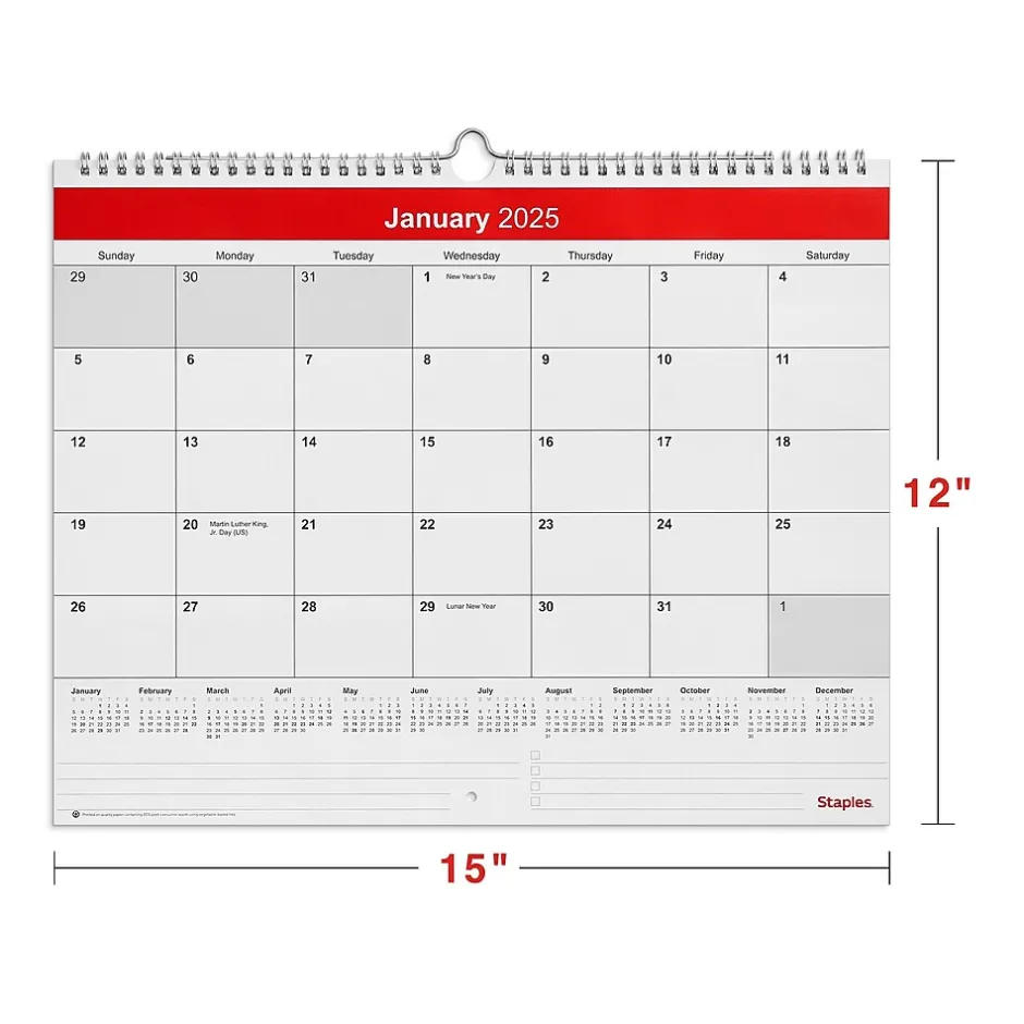 Staples 2025 15" x 12" Wall Calendar, Red/White (ST52080-25) New