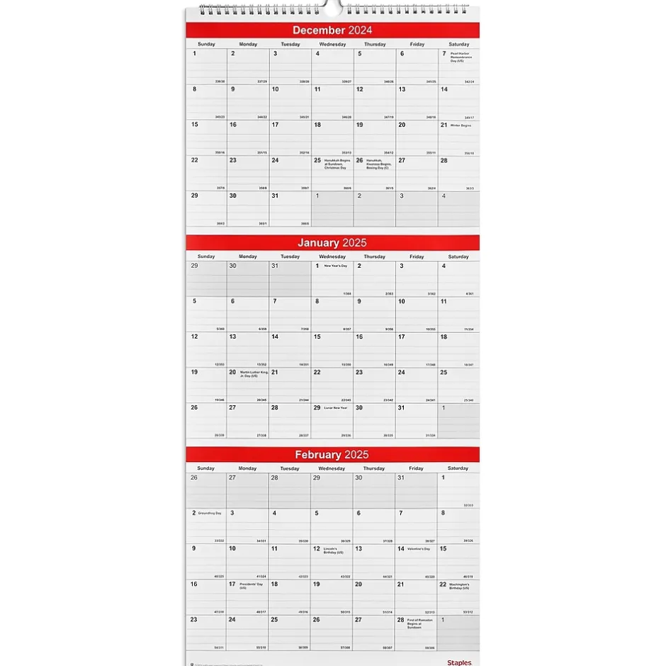 Staples 2025 12" x 27" Wall Calendar, Red/White (ST53920-25) Best