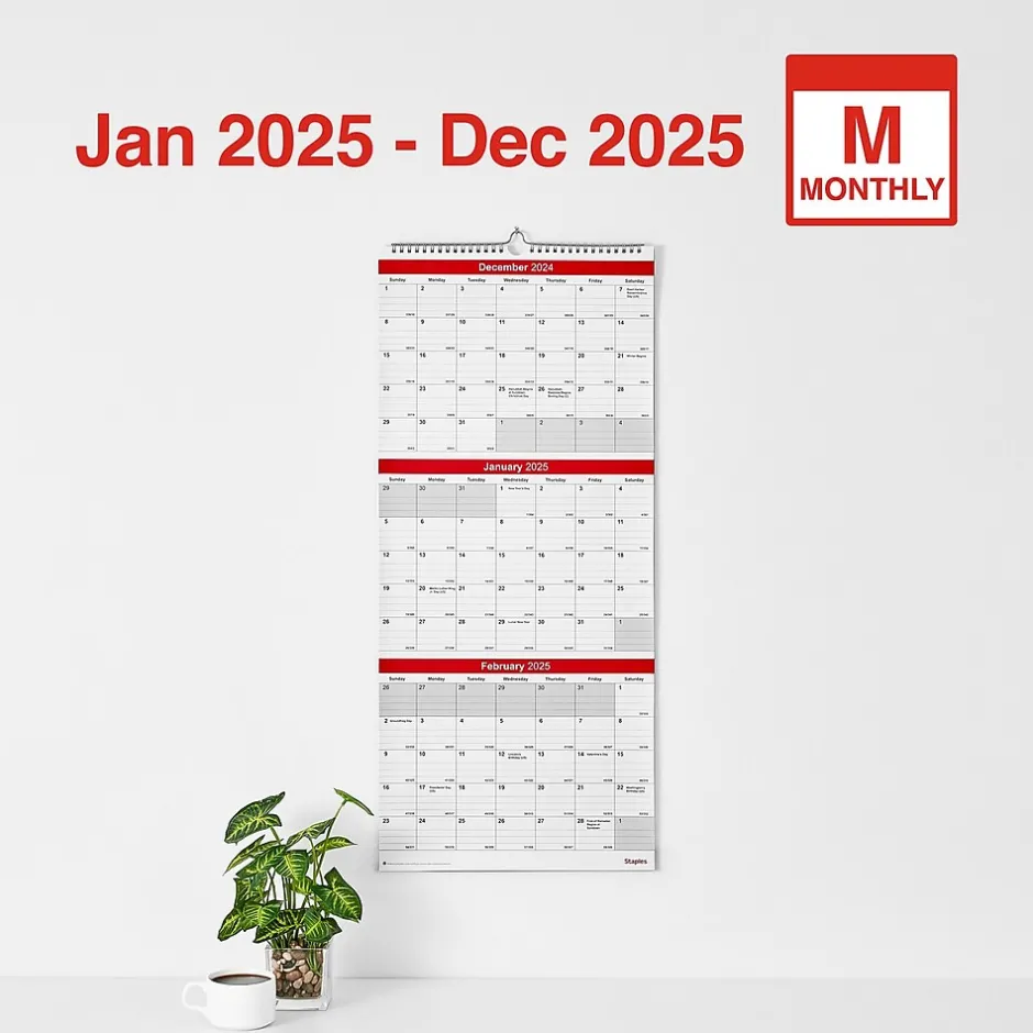 Staples 2025 12" x 27" Wall Calendar, Red/White (ST53920-25) Best