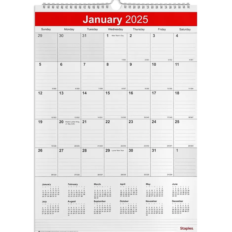 Staples 2025 12" x 17" Wall Calendar, White/Red (ST53913-25) Discount