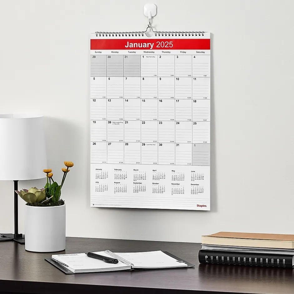 Staples 2025 12" x 17" Wall Calendar, White/Red (ST53913-25) Discount