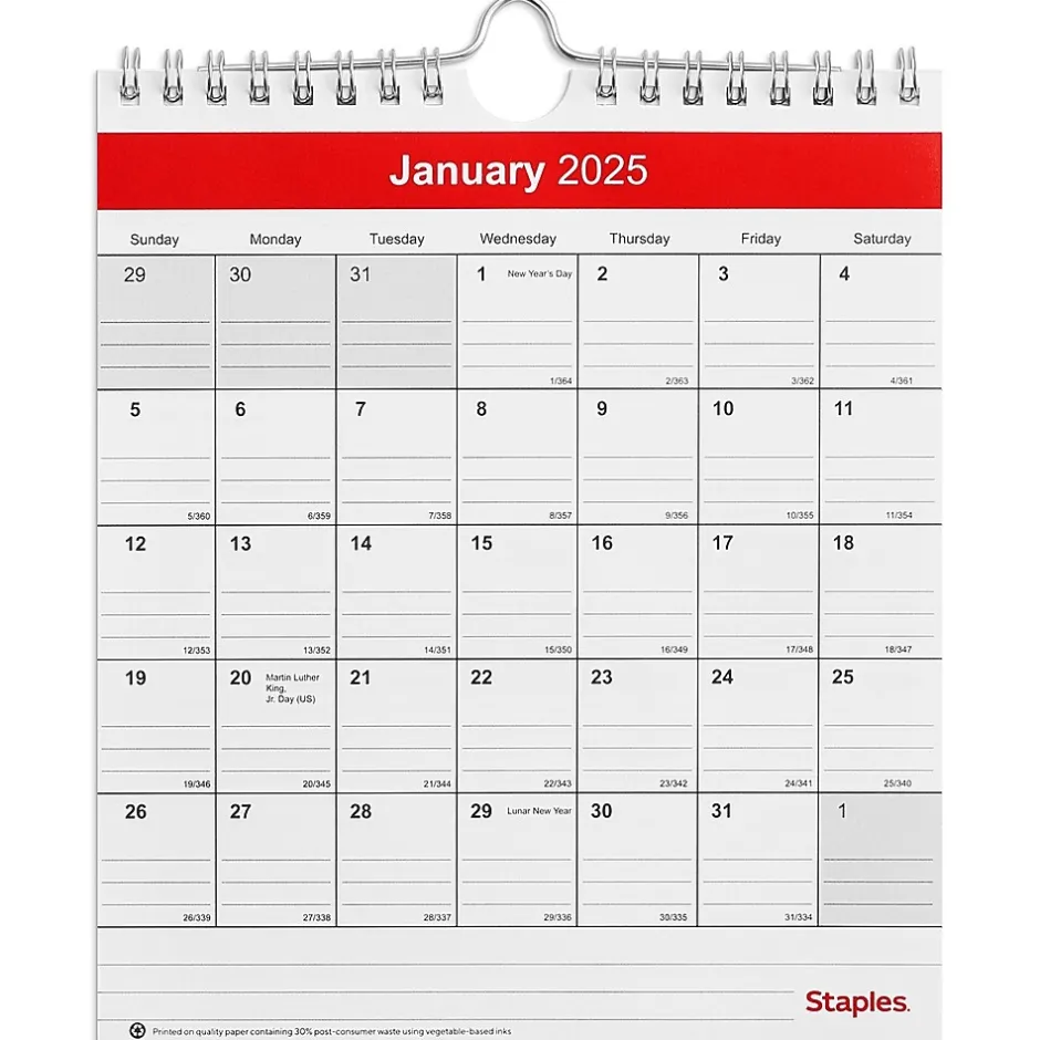 Staples 2025 6" x 7" Wall Calendar, Red/White (ST53923-25) Outlet