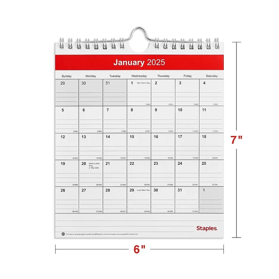 Staples 2025 6" x 7" Wall Calendar, Red/White (ST53923-25) Outlet