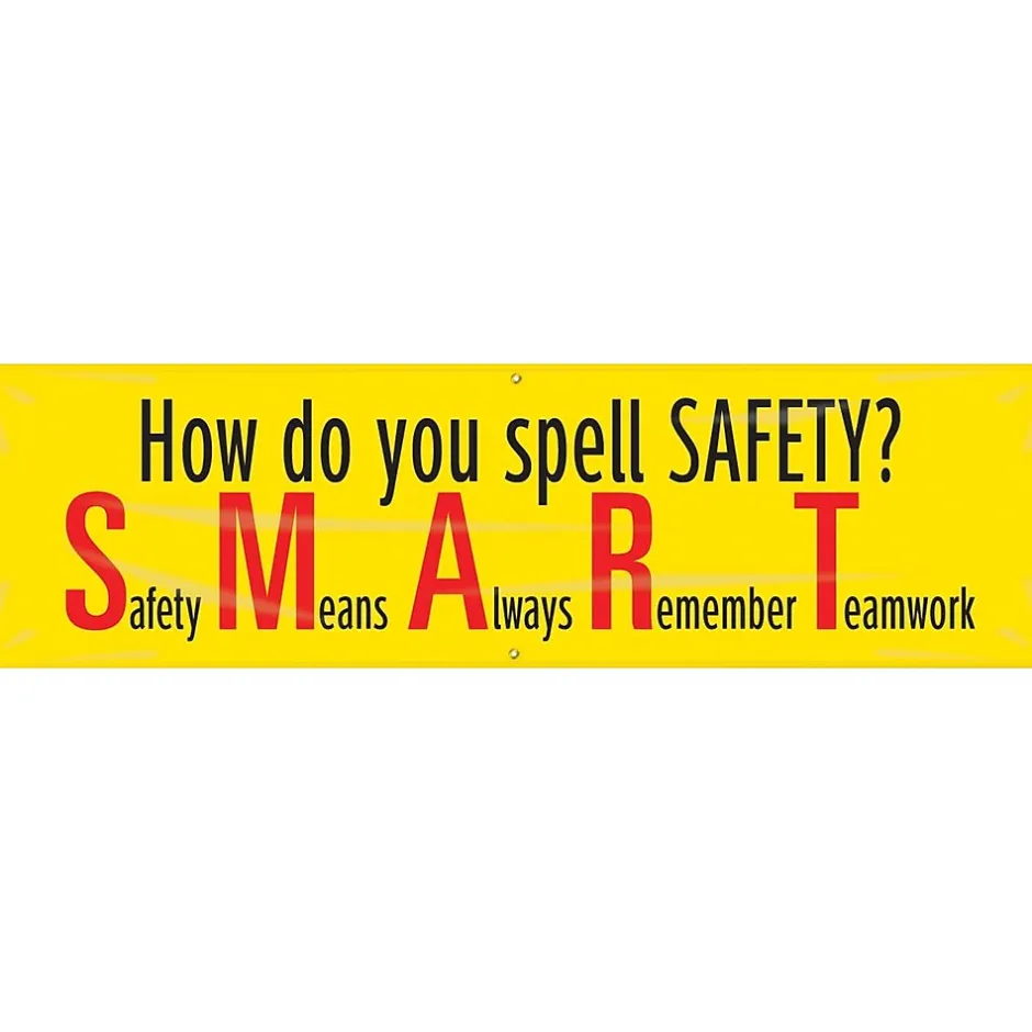 Social Distance Signage<Accuform Motivational Safety Banner, HOW DO YOU SPELL SAFETY?, 28" x 8', Reinforced Vinyl (MBR931)