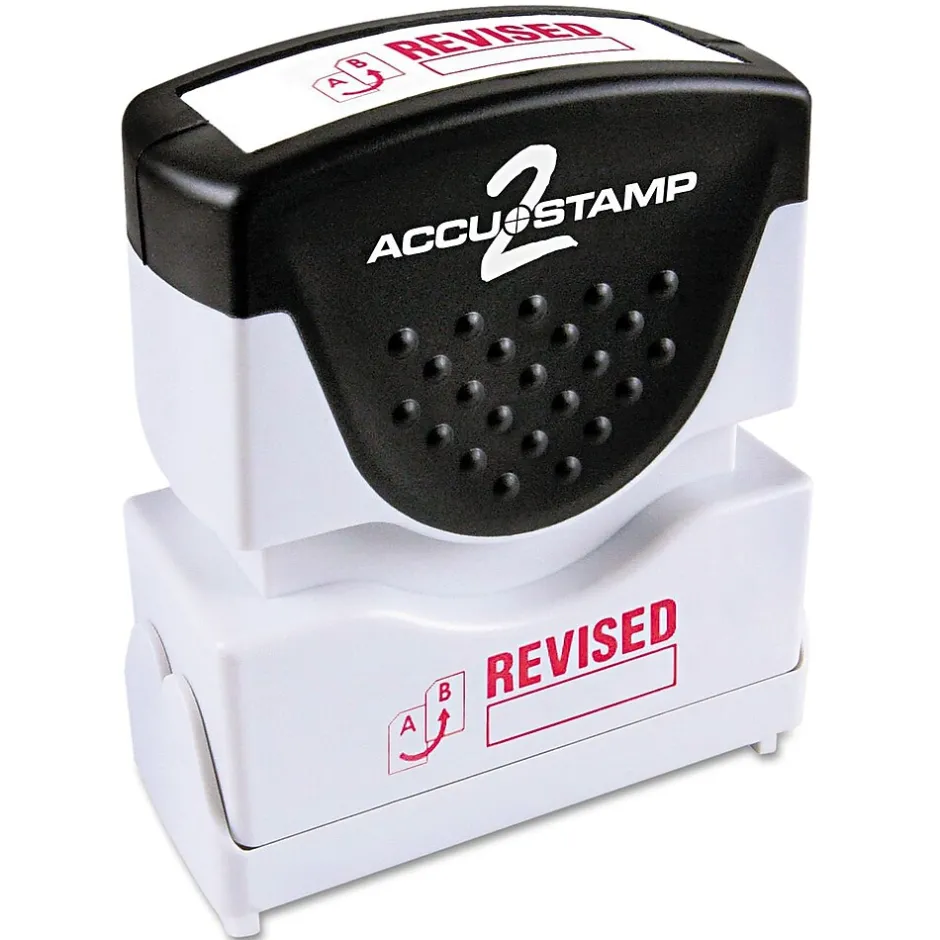 Accu-Stamp 2 One-Color Pre-Inked Shutter Message Stamp, REVISED, 1/2" x 1-5/8" Impression, Red Ink (035587) Discount