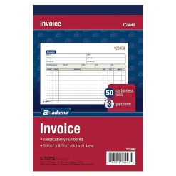 Clearance 3-Part Carbonless Invoices, 8.44"W x 5.56"L, 50 Sets/Book (TC5840) Business Forms