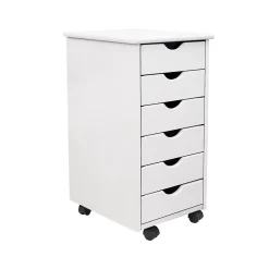 Discount 25.8" Solid Pine Roll Cart with 6 Drawers, Whitewash (10018) Storage Cabinets