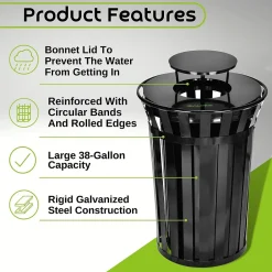 Alpine Industries Metal Slatted Outdoor Commercial Trash Can with Rain Bonnet Lid and Liner, , 38 Gal. (479-38-1)