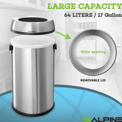 Alpine Industries Stainless Steel Indoor Trash Can, 17 Gallon, Silver (470-65L)