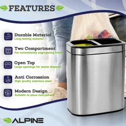 Alpine Industries Stainless Steel Indoor Trash Can, 10.5 Gallon, Silver (470-R-40L)