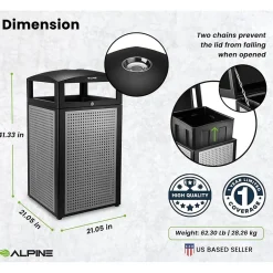 Alpine Industries Steel Outdoor Commercial Trash Can with Ashtray Lid, 40 Gallon, (472-40-SIL)