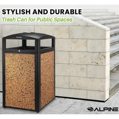 Alpine Industries Steel Outdoor Trash Can with Covered Top and Open Sides, 40-Gallon, Black/Stone, 2/Pack (ALP472-40-STO-2PK)