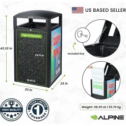 Alpine Industries Steel Outdoor Trash Can with Covered Top Lid, 40-Gallon, Gray Stone (ALP471-40-GRYS-SGN)