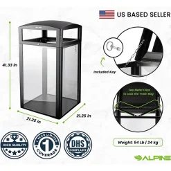 Alpine Industries Steel/PC Outdoor Trash Can with Dome Lid, 40 Gallon, Clear (471-40-CLR)