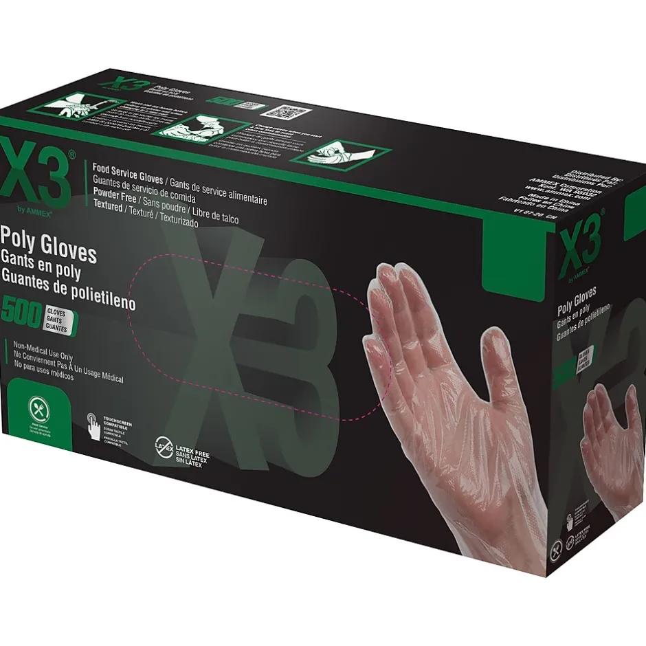Ammex X3 Poly Food Safe Industrial Gloves, Latex Free, Large, Clear, 500/Box, 20 Boxes/Carton (PGLOVE-L-500XX)